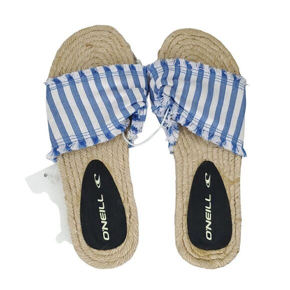 NEW O'Neill Slip On Slide Espadrille Sandals Sz 6 Blue White Stripe Jute Sole - Picture 1 of 2